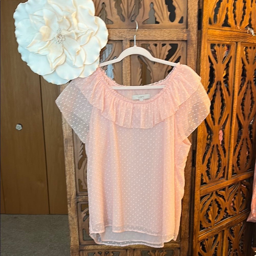 LOFT Light Pink Ruffle Swiss Dot Blouse